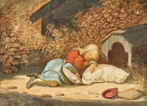 Schlafendes Mädchen und schlafender Hund vor Hundehütte,1860–1869, (Christian Eduard Boettcher, 1818 - 1889)