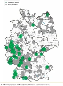Geographische Verteilung der auf den kleinenLungenwurm (Crenosoma vulpis) untersuchten Gebiete und befallener Hunde (bis März 2009)
