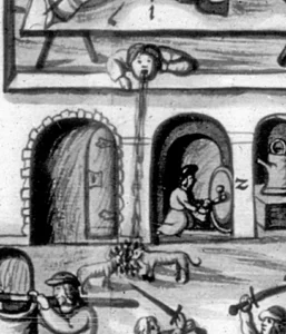 Ausschnitt aus einer Zeichnung von 1525 über die Plünderung des Klosters Weißenau
Quelle: Landesbildungsserver Baden-Württemberg, Der Bauernkrieg in Oberschwaben im Spiegel der Weißenauer Chronik